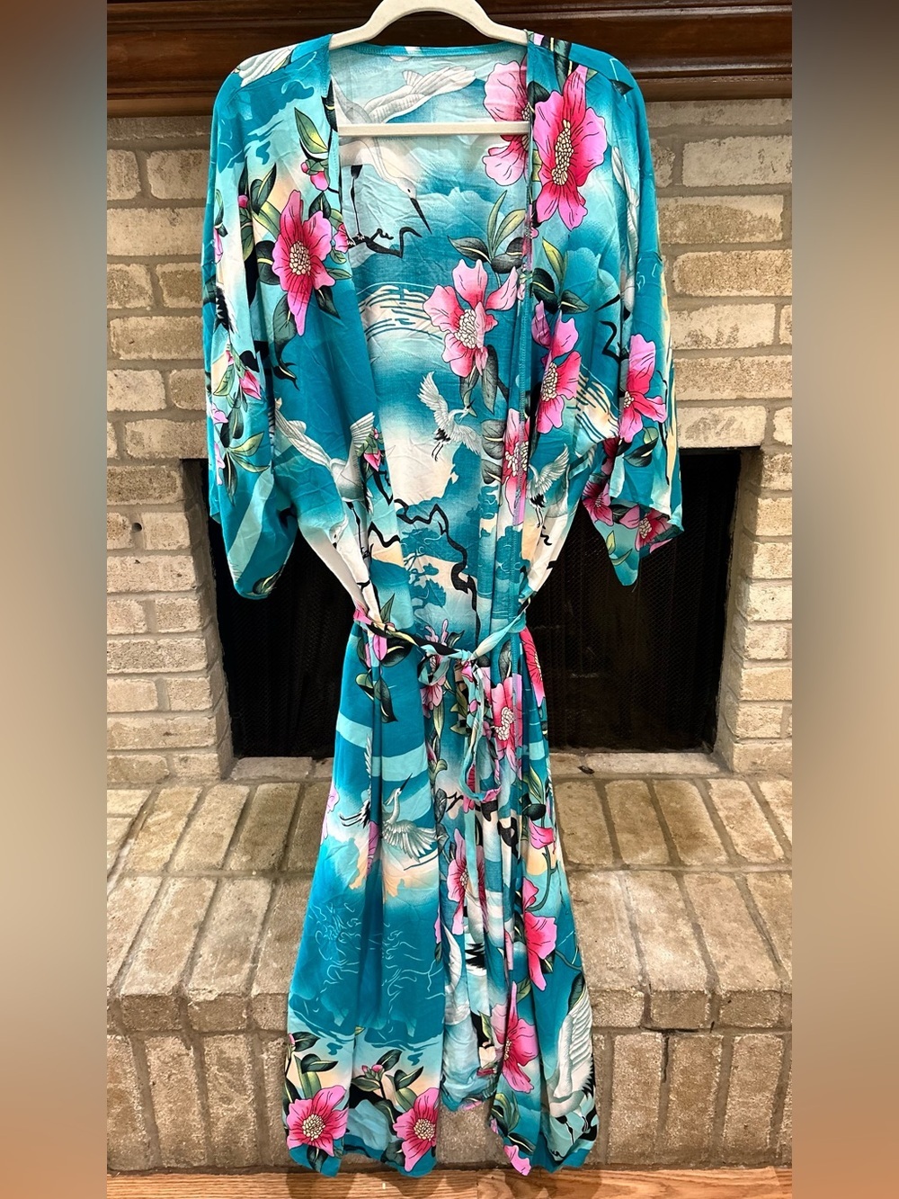 Turquoise Floral Robe with Belt EUC